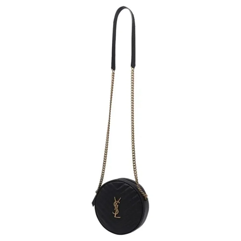 Saint Laurent Vinyle Round Camera Bag Black Chevron Quilted Leather YSL Gold